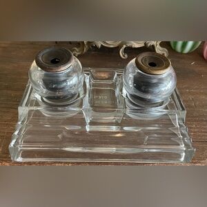Vintage Glass Inkwell Set ANTIQUE VINTAGE SENGBUSCH NO. 320 GLASS DUAL INKWELL